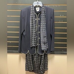 Vtg Leslie Fay 3-Pc Navy Suit Jacket Skirt Scarf 8